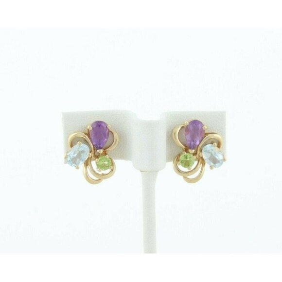 14k Yellow Gold Natural Amethyst, Topaz and Peridot Earrings Stud Post Earrings - Picture 5 of 8